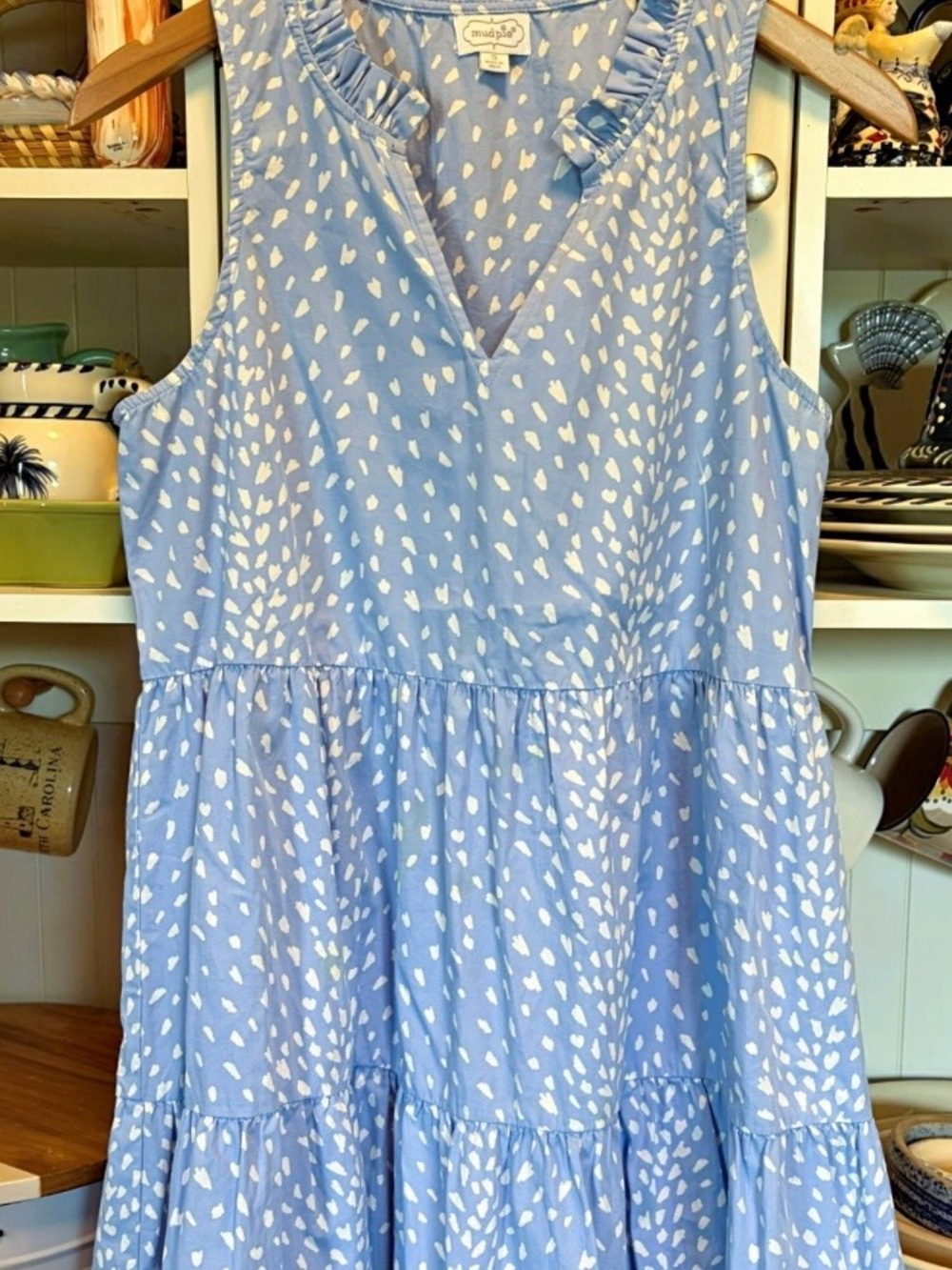Mud Pie Sky Blue Sleeveless Tiered Dress with White Dot Accents